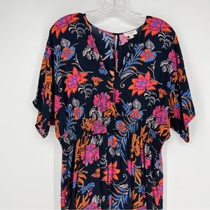 Umgee Navy Blue Floral Maxi Dress Bohemian Colorful Lined Side Slits Size Large